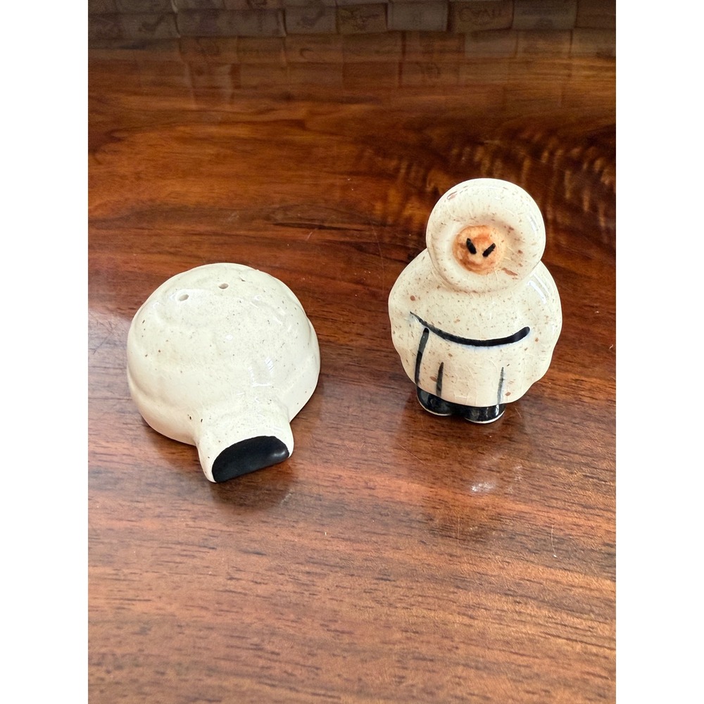 Vintage Ceramic Inuit Figure and Igloo Salt and Pepper Shakers Speckled Glaze